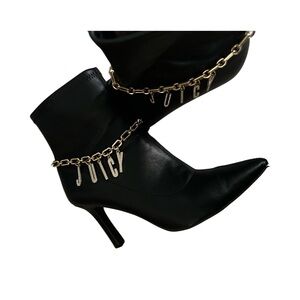 Juicy Couture black leather ankle boots / booties with gold name chain